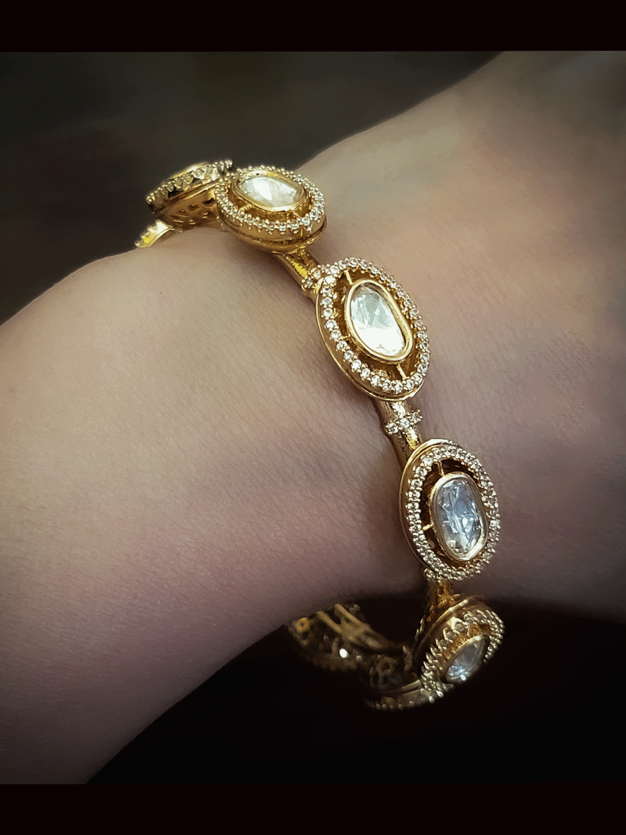 Set of two oval kundan with zircon studded openable kada's