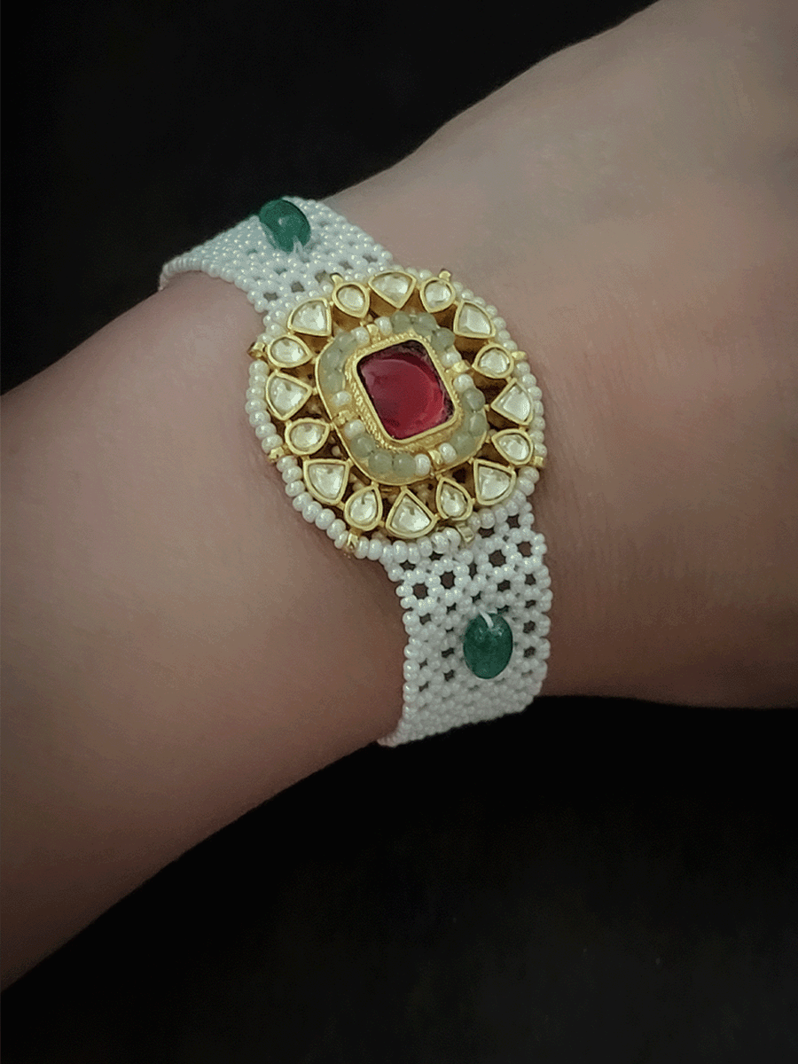 Rectangular center paachi kundan tukdi cheed mesh band bracelet