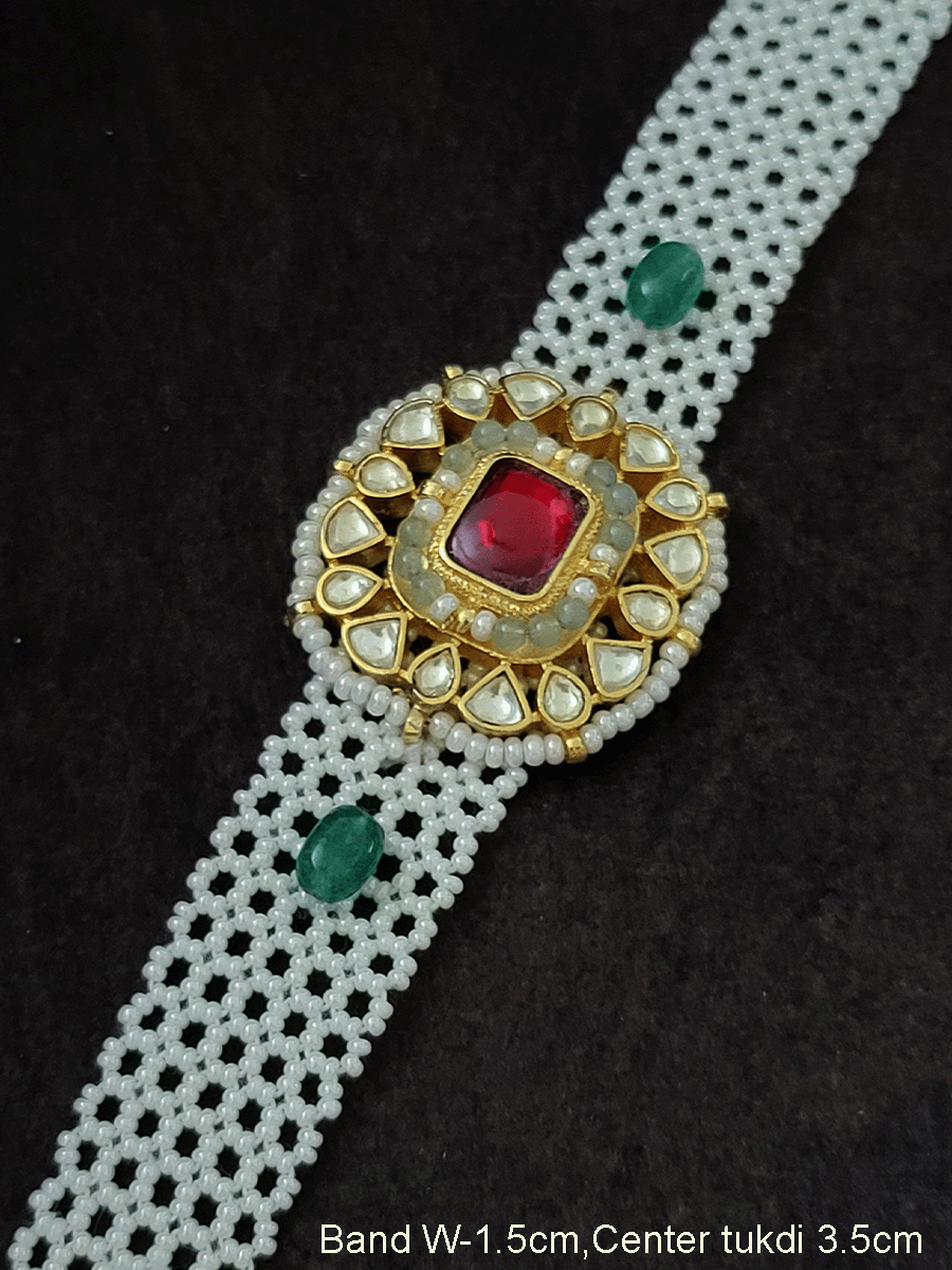 Rectangular center paachi kundan tukdi cheed mesh band bracelet