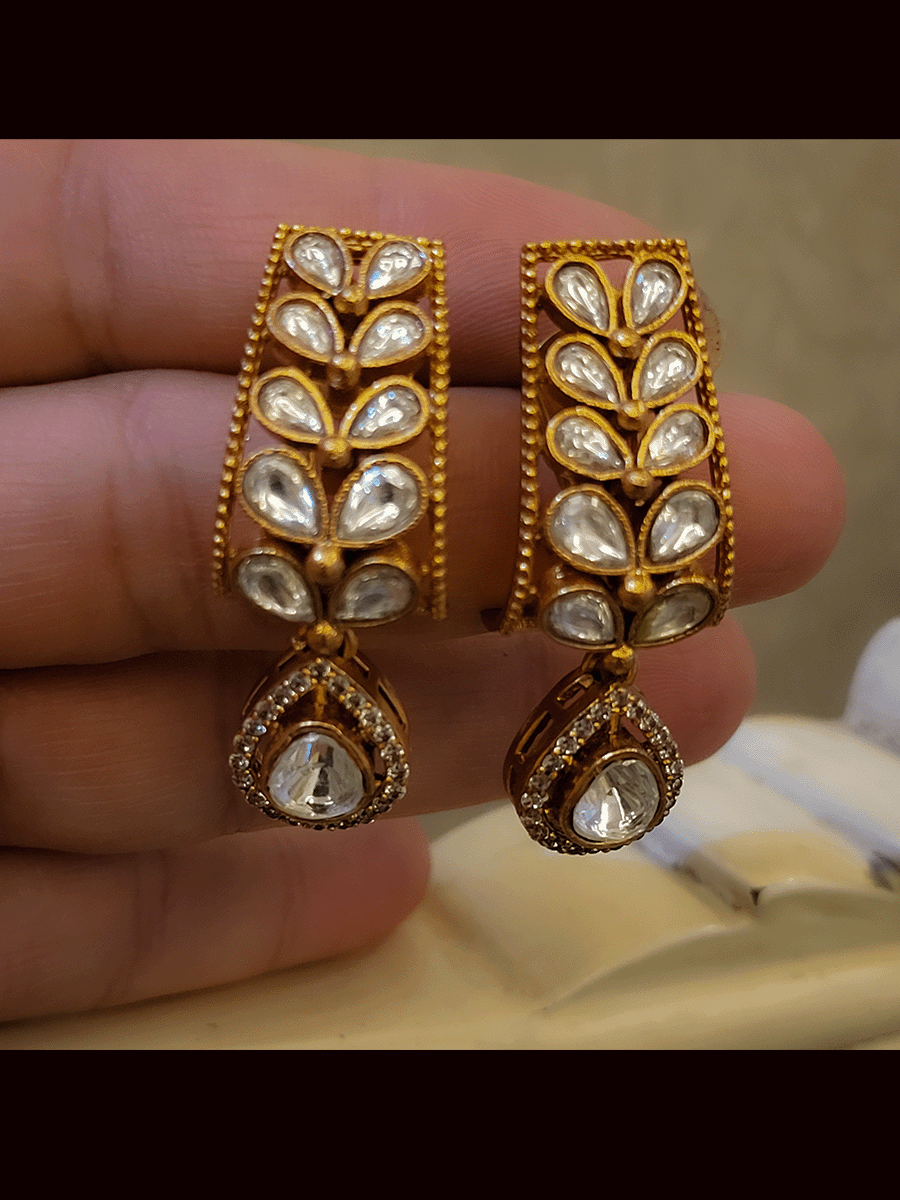 Leaf shaped kundan half bali with tear drop kundan drop 5cm long earrings