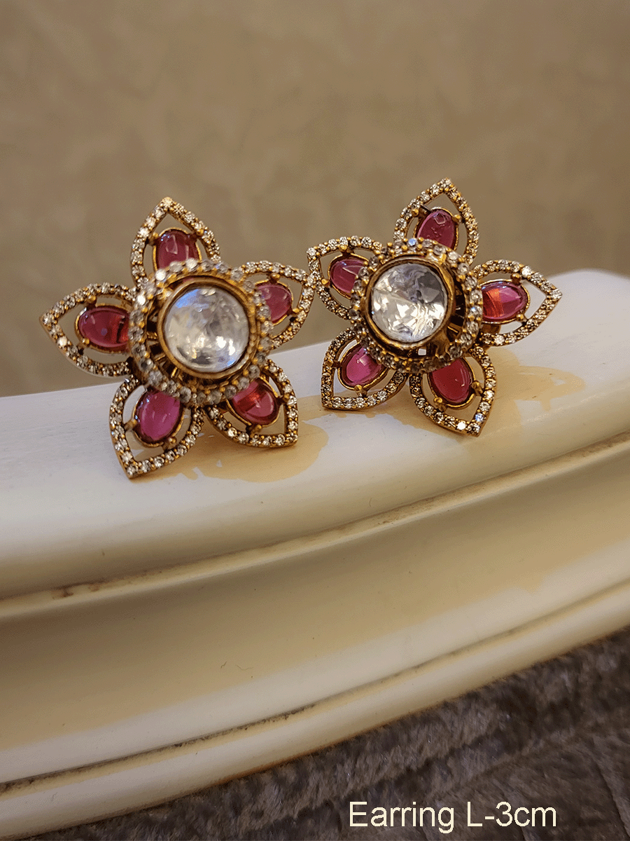 3cm flower design zircon studded kundan center coloured stones studs