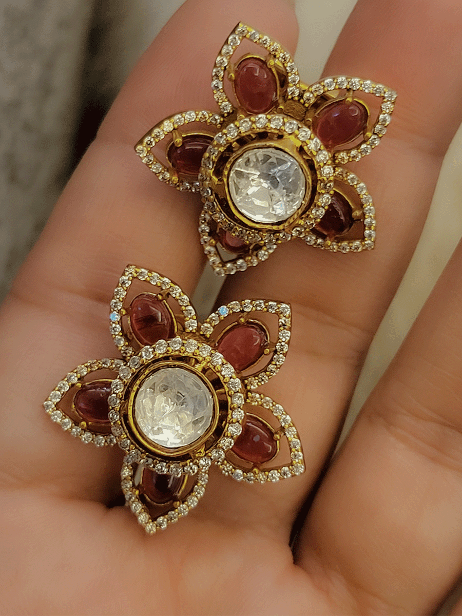 3cm flower design zircon studded kundan center coloured stones studs