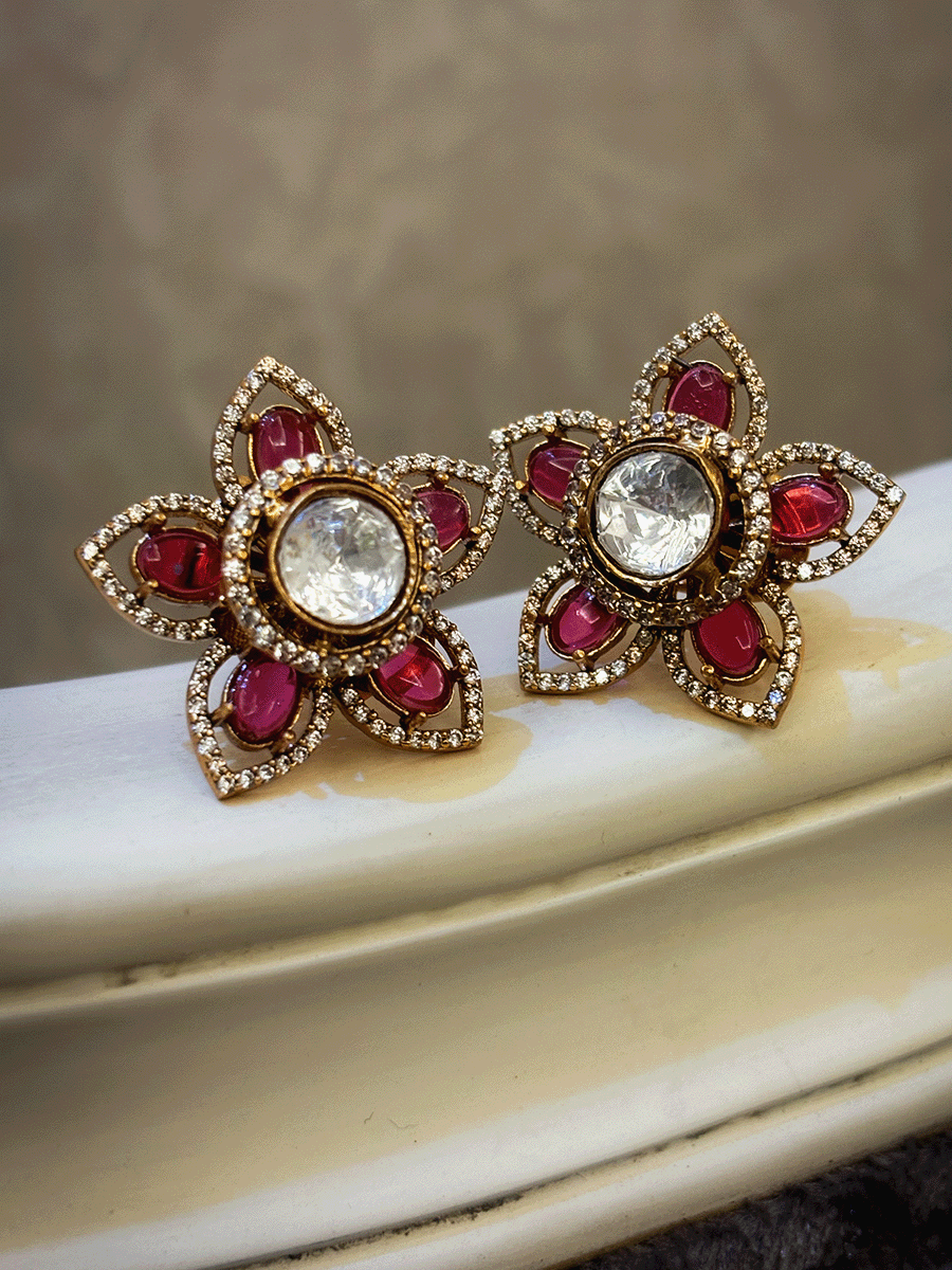 3cm flower design zircon studded kundan center coloured stones studs