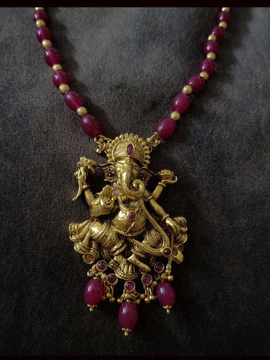 Ganpati ji pendant with ruby bead drops and ruby bead string