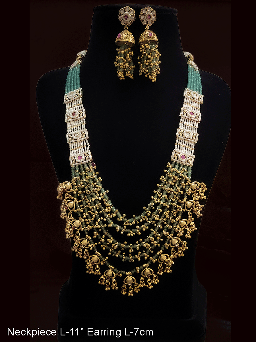 11" long Aqua bead multiple strings with ghunghru detailing and rectangular kundan tukdies in cheed strings set