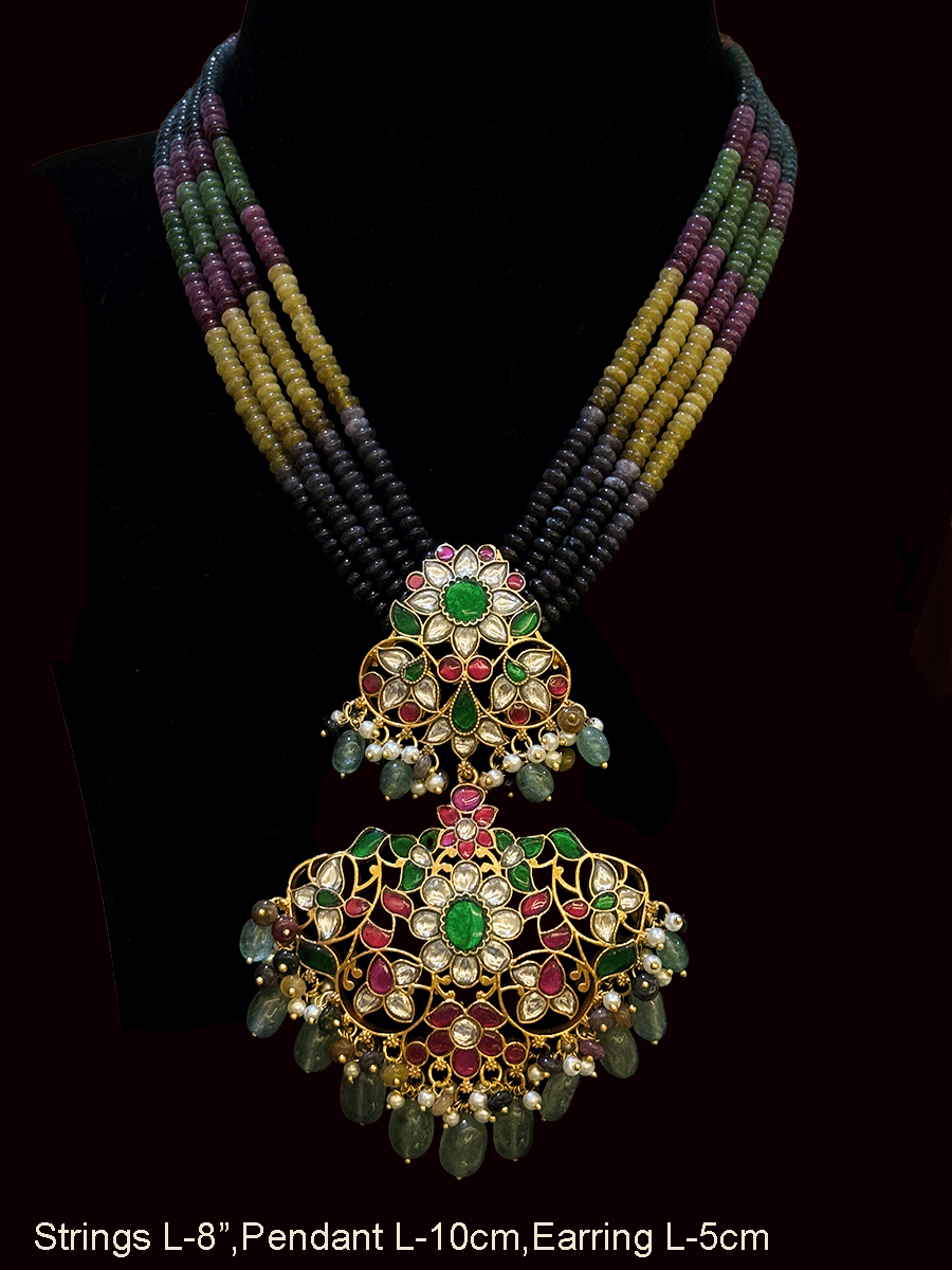 Multiple strings 8" long with 10cm pendant kundan,ruby and green stones classy neckpiece with 5 cm long jhoomkies