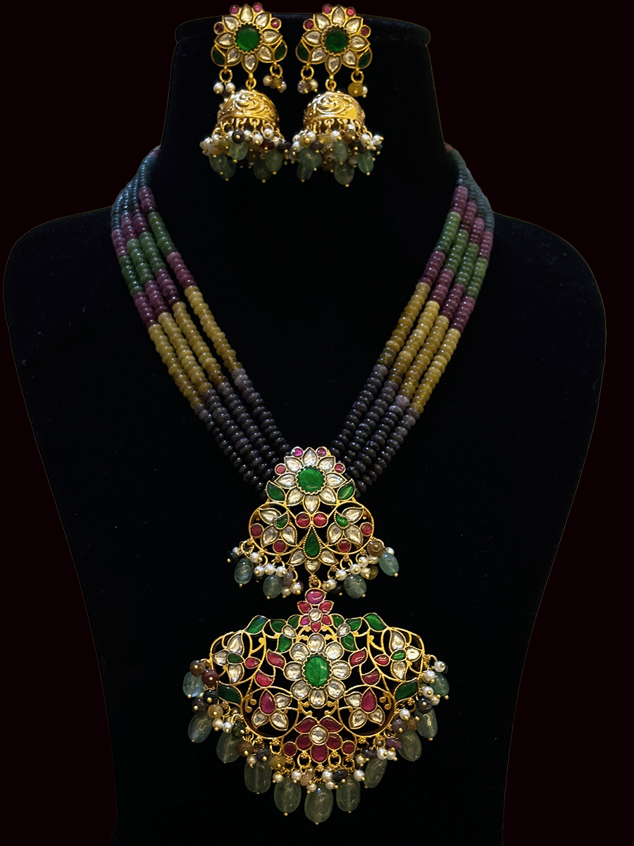 Multiple strings 8" long with 10cm pendant kundan,ruby and green stones classy neckpiece with 5 cm long jhoomkies