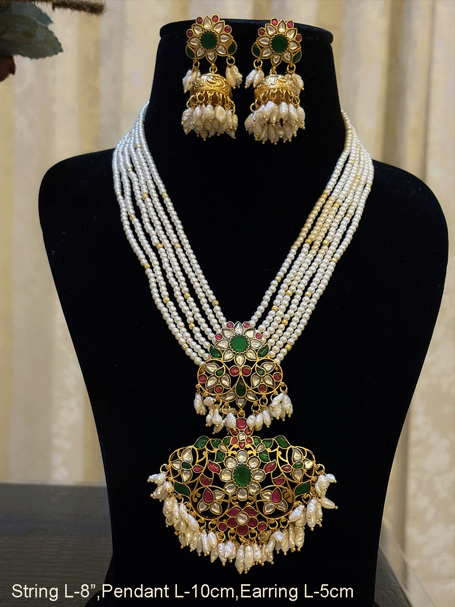 Multiple strings 8" long with 10cm pendant kundan,ruby and green stones classy neckpiece with 5 cm long jhoomkies