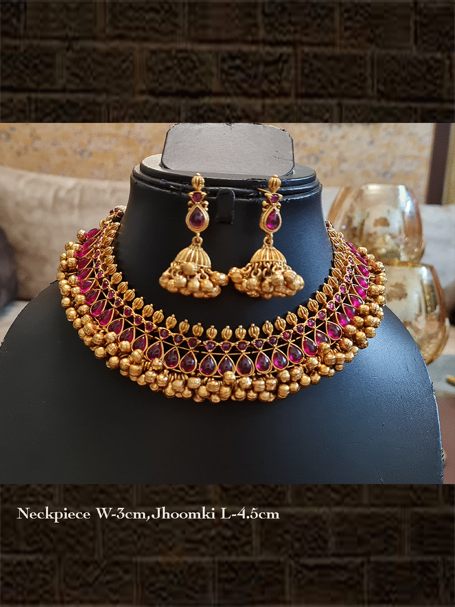 Ruby stone studded ghunghru cluster lace classy set in antique gold finish - Odara Jewellery