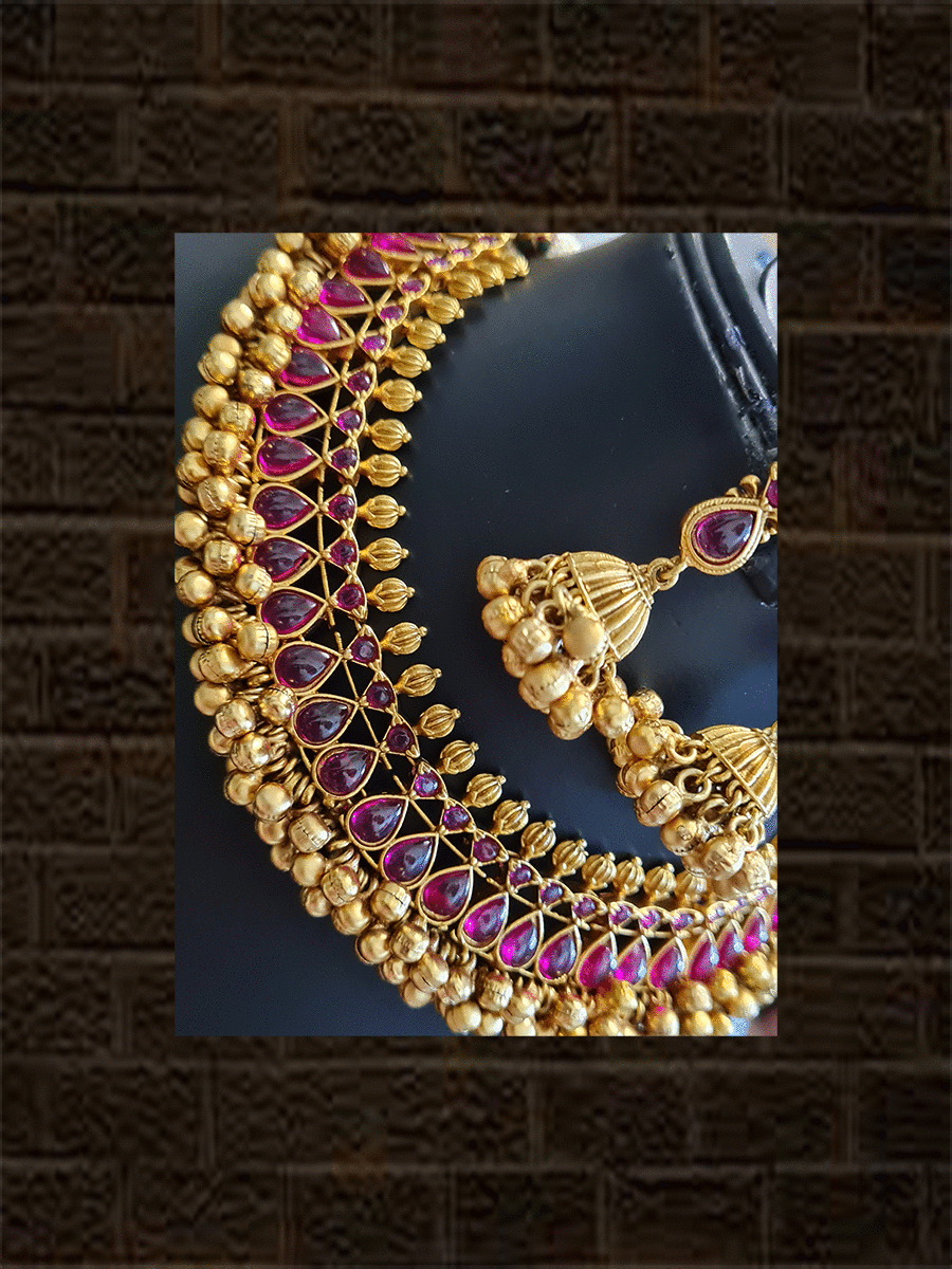 Ruby stone studded ghunghru cluster lace classy set in antique gold finish - Odara Jewellery