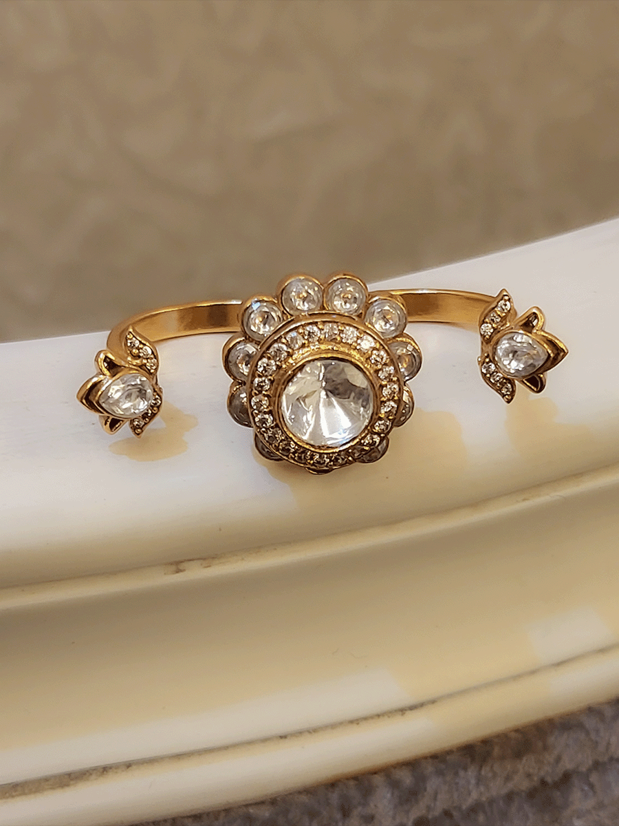 Flower shaped kundan adjustable double finger ring