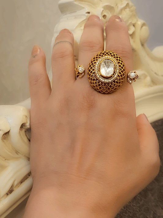 Oval mesh design kundan adjustable double finger ring