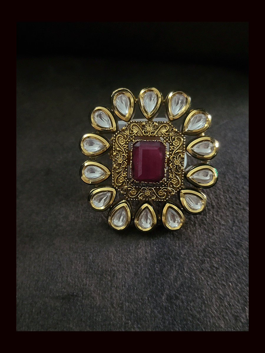 Gold Two Finger Cocktail Ring With Kundan 664 | Best Price
