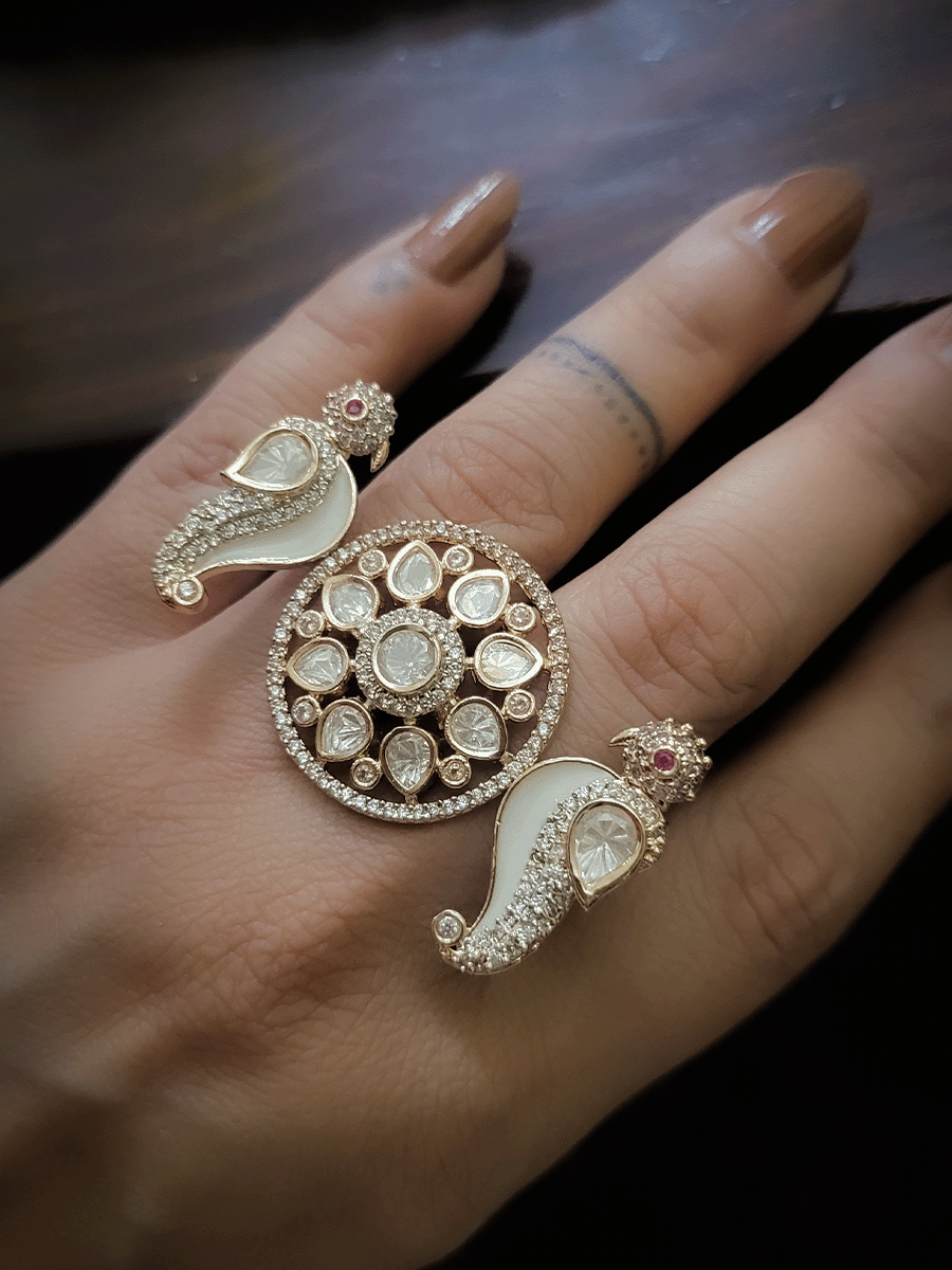 MOP peacock design double finger kundan ring with circular center