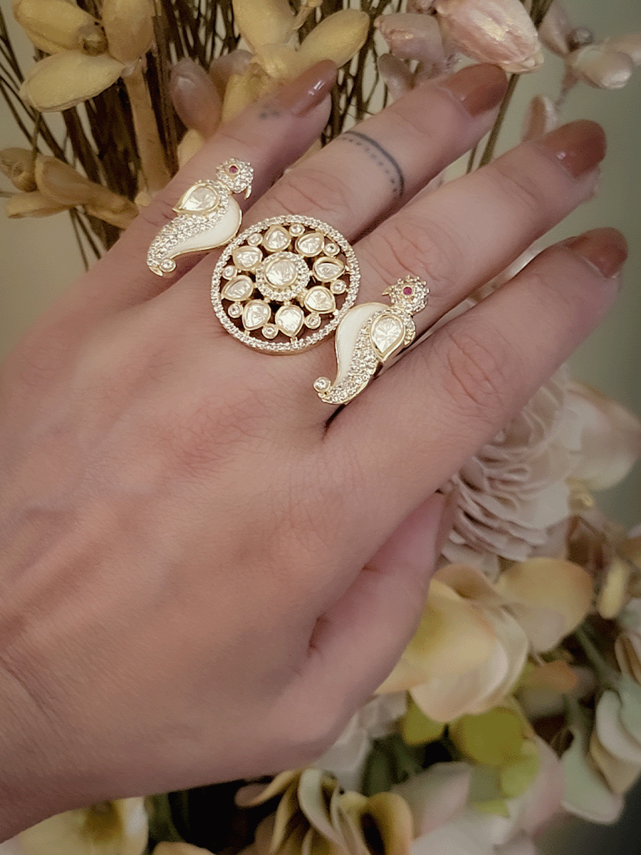 MOP peacock design double finger kundan ring with circular center