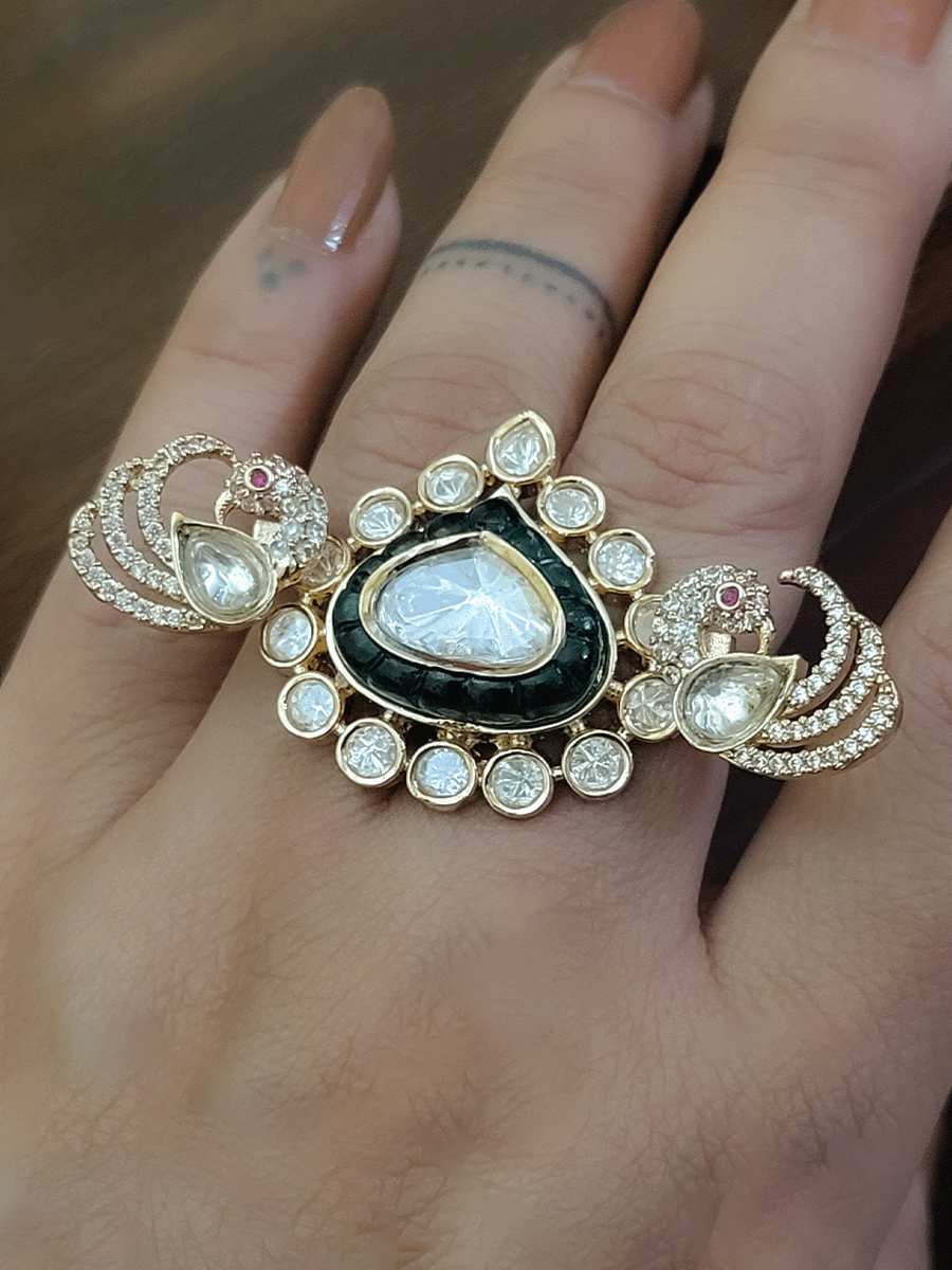 Kundan leaf center zircon studded peacock side design adjustable double finger ring