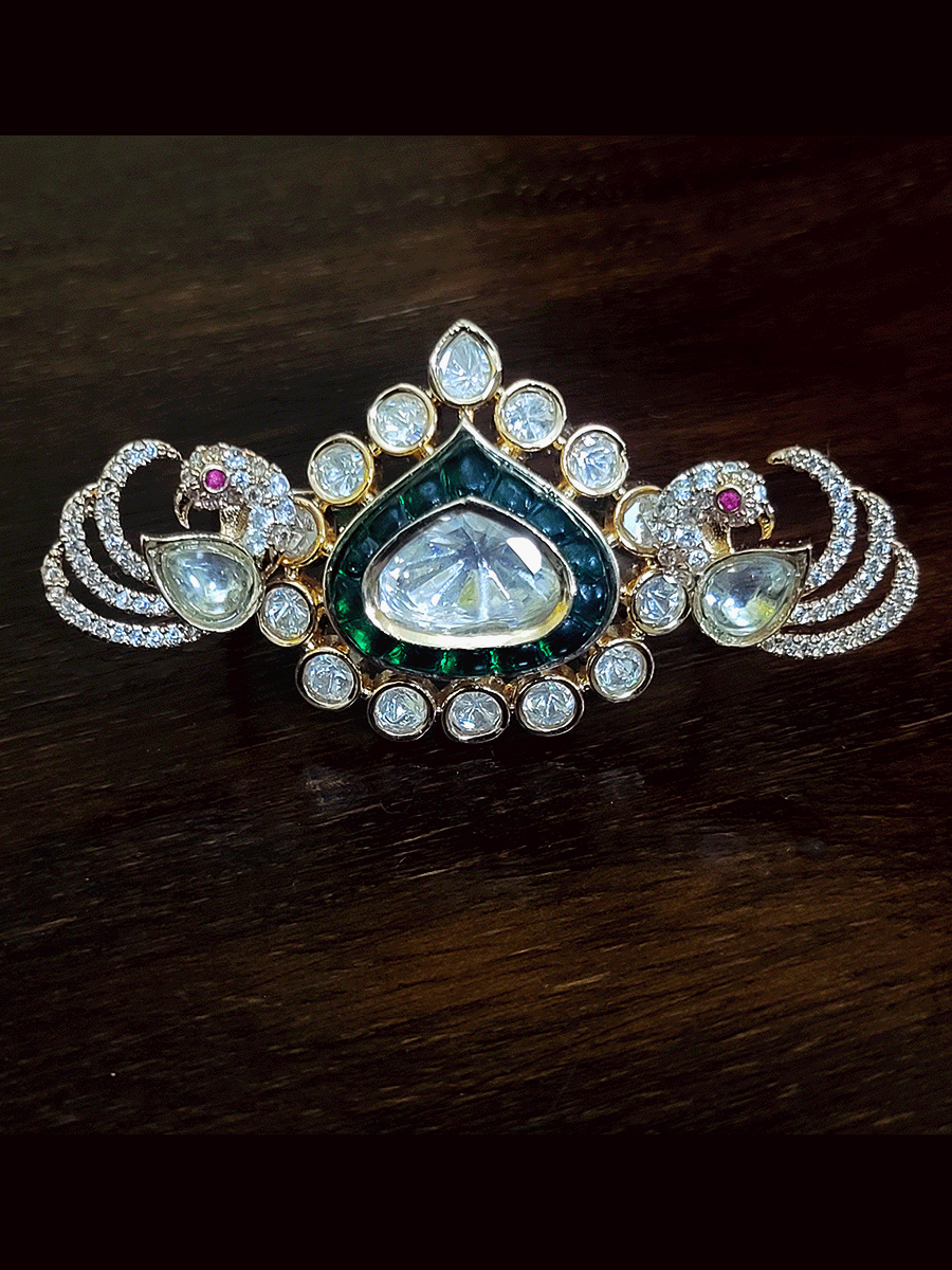 Kundan leaf center zircon studded peacock side design adjustable double finger ring