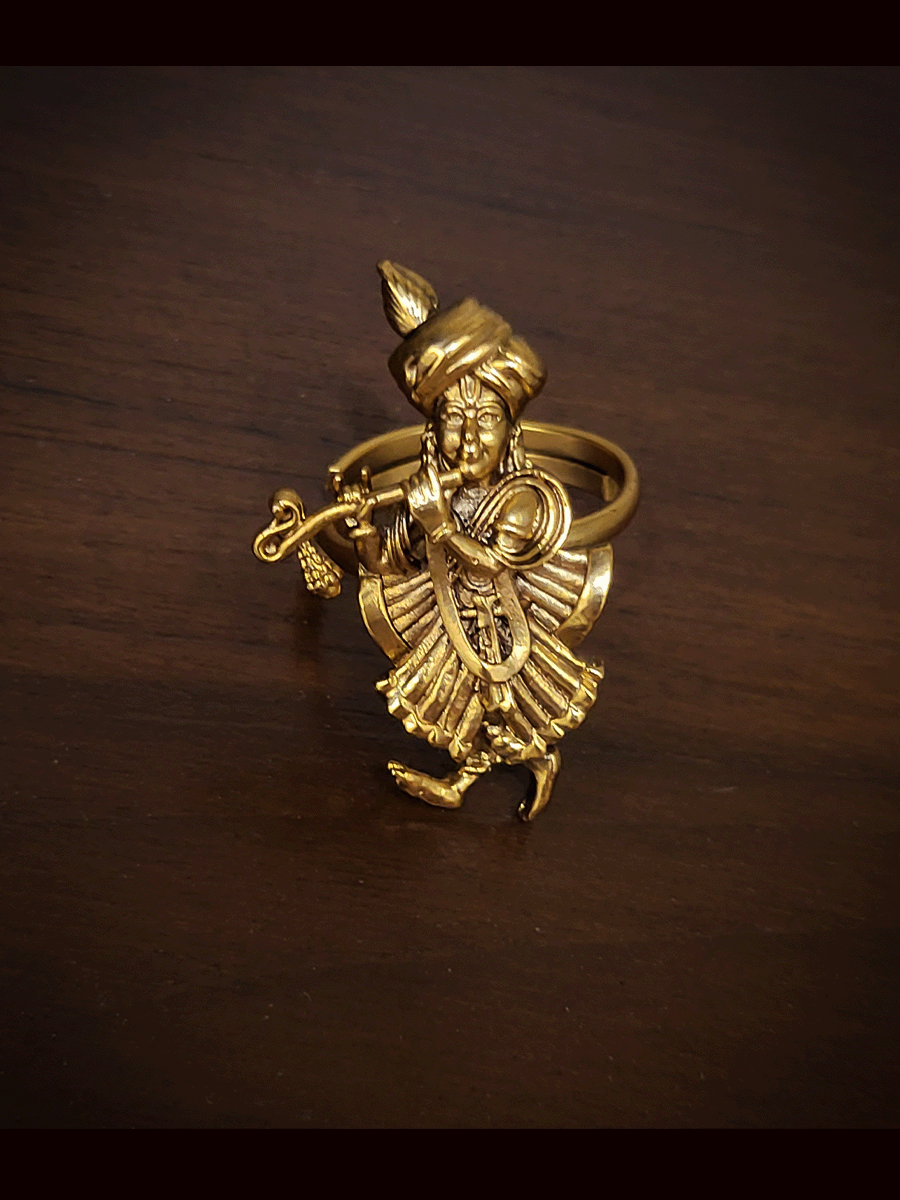 4cm long krishnaji playing flute adjustable ring