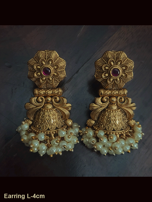 Flower top with ruby stone 4cm long half jhoomki earrings with beaded frill