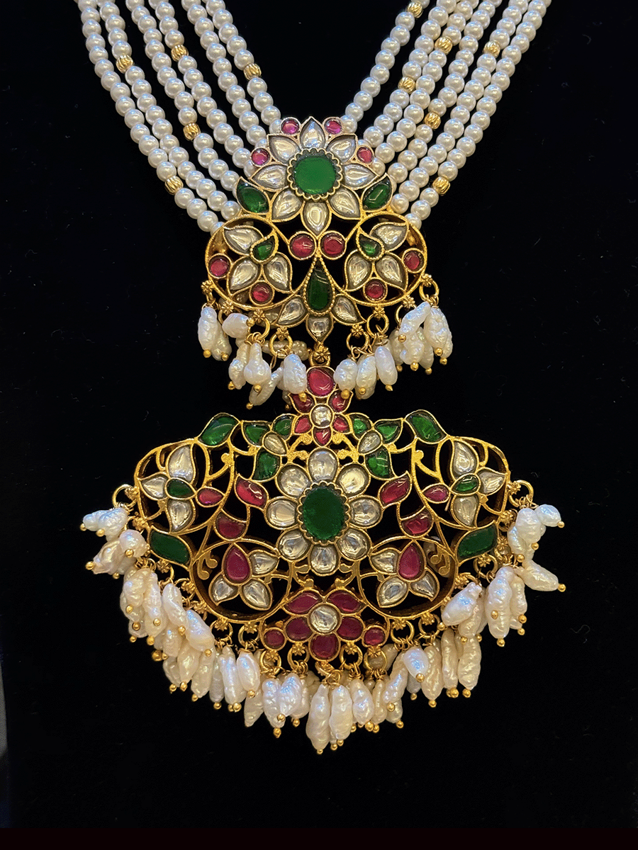 Multiple strings 8" long with 10cm pendant kundan,ruby and green stones classy neckpiece with 5 cm long jhoomkies