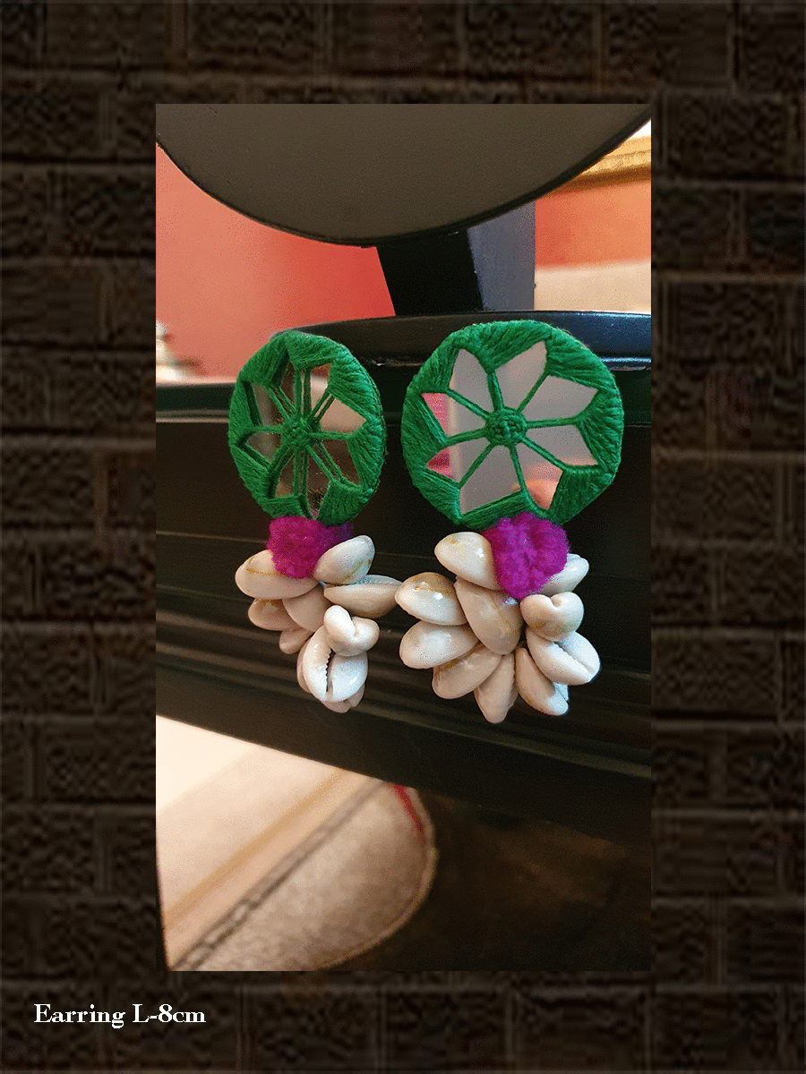 Mirror and thread work pompom and shell hanging earrings - Odara Jewellery