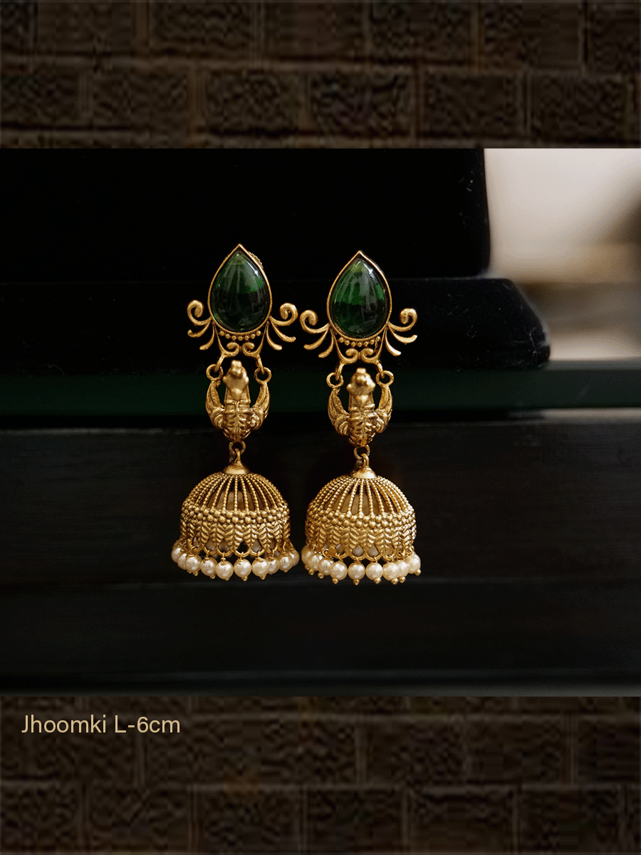 Tear drop shaped stone top peacock design jhoomki - Odara Jewellery