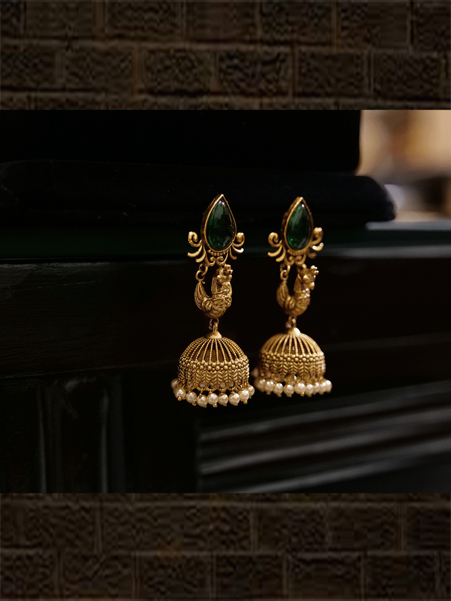 Tear drop shaped stone top peacock design jhoomki - Odara Jewellery