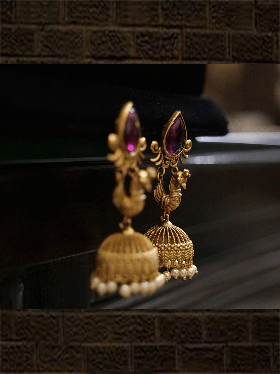 Tear drop shaped stone top peacock design jhoomki - Odara Jewellery