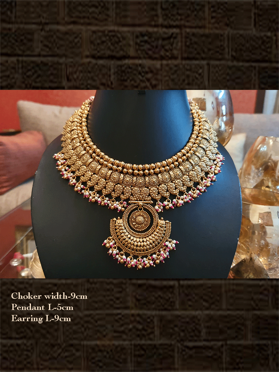 Antique gold finish paisley and coin design set with hanging pearly cluster with a hint of ruby beads - Odara Jewellery