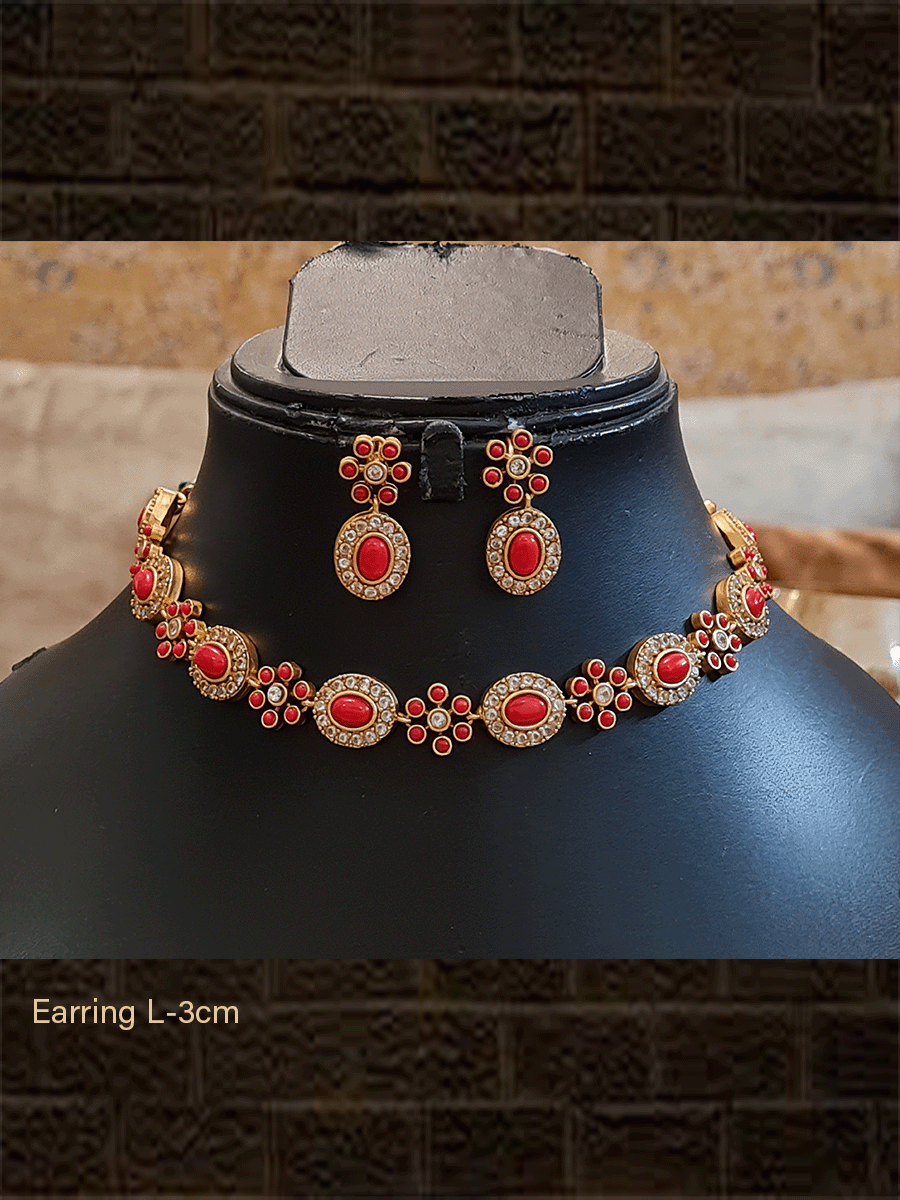 Stone studded flower and oval design neckpiece with zircons - Odara Jewellery
