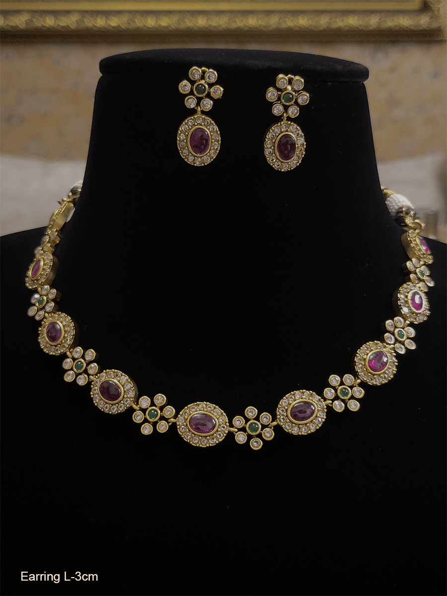 Stone studded flower and oval design neckpiece with zircons - Odara Jewellery