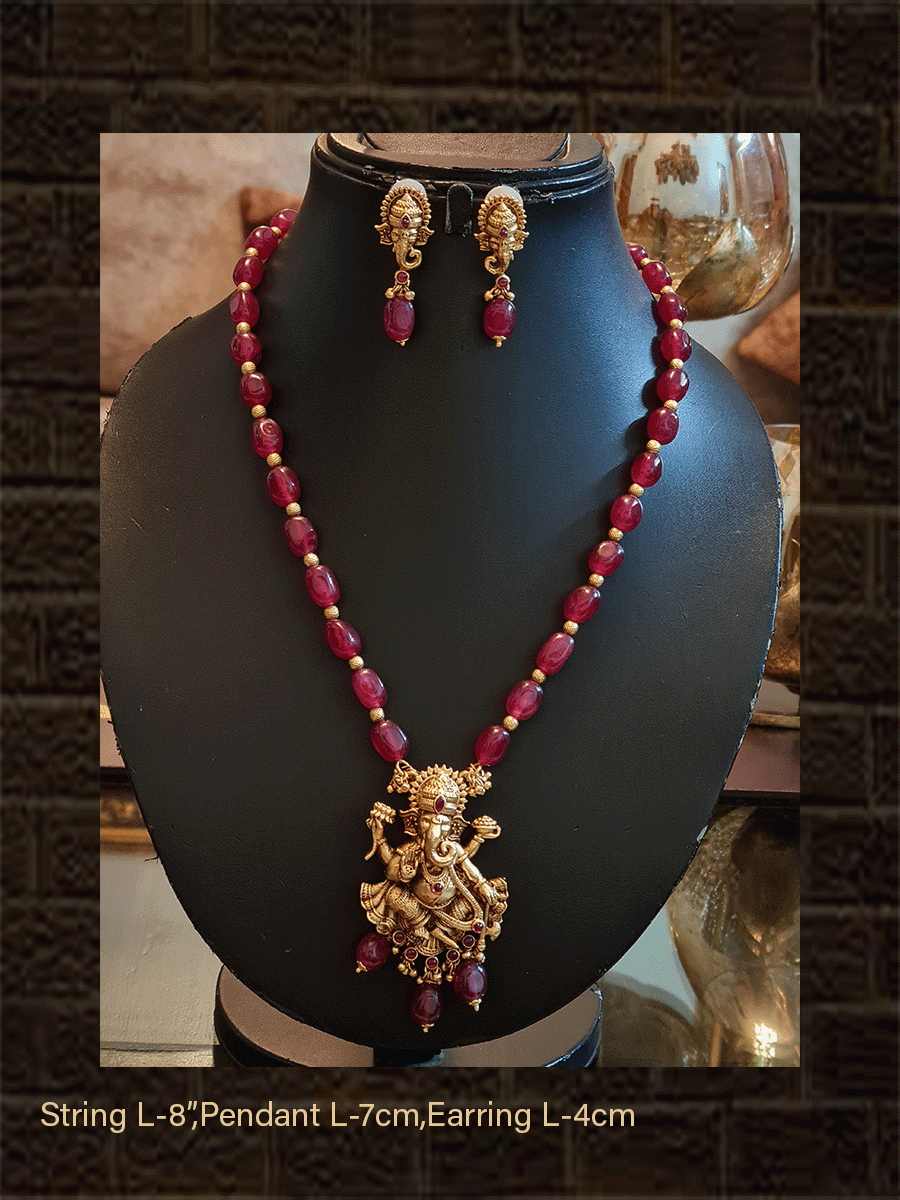 Ganpati ji pendant with ruby bead drops and ruby bead string - Odara Jewellery