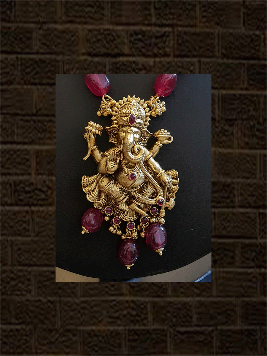 Ganpati ji pendant with ruby bead drops and ruby bead string - Odara Jewellery