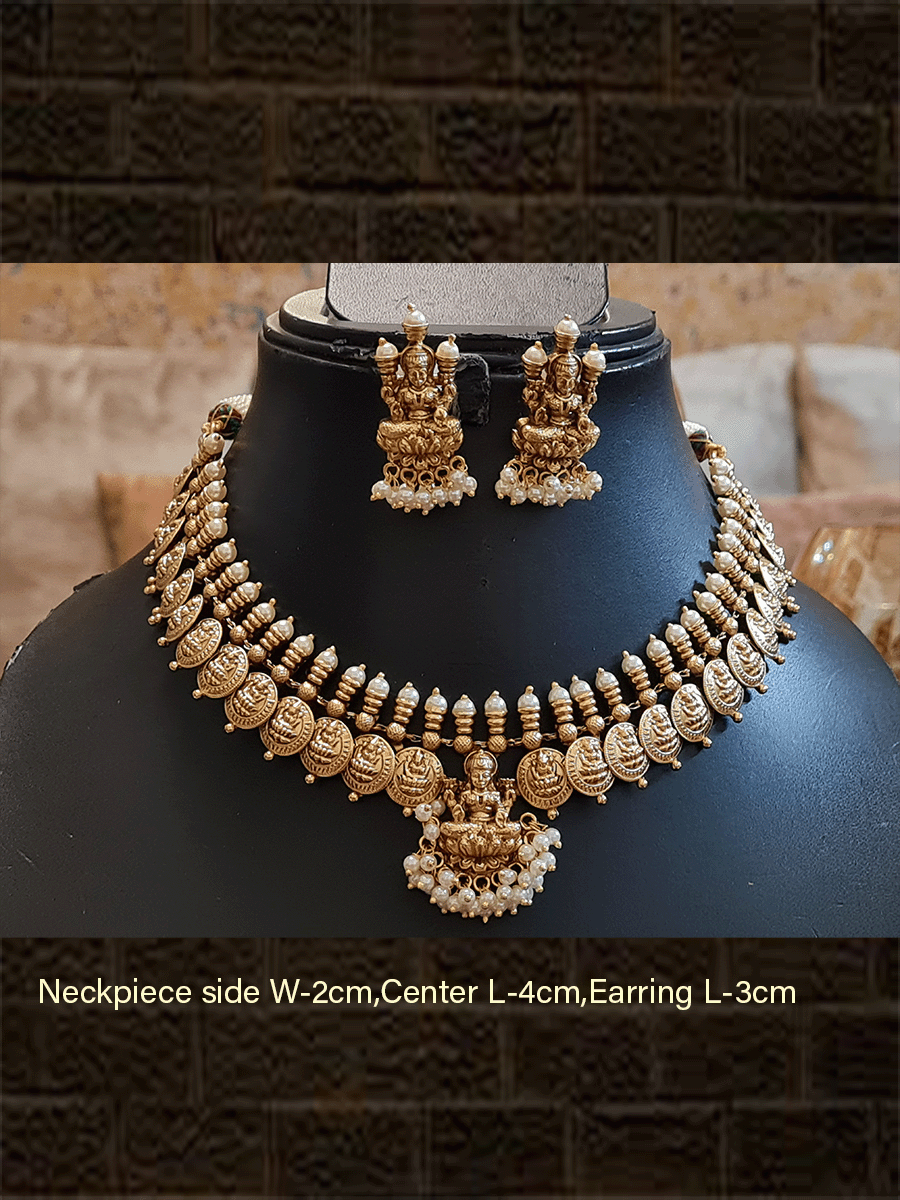 Laxmiji center motif with pearly hangings in laxmiji coin design set - Odara Jewellery