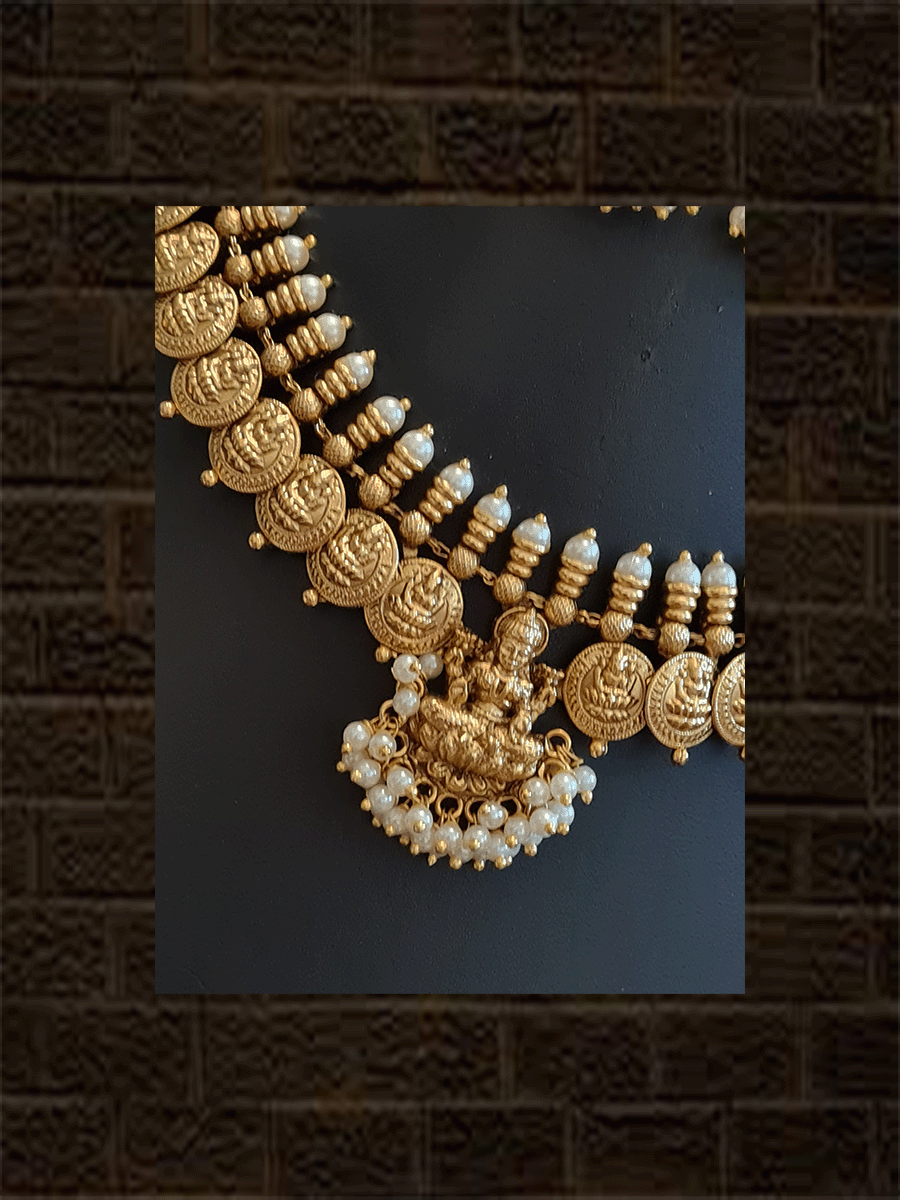 Laxmiji center motif with pearly hangings in laxmiji coin design set - Odara Jewellery