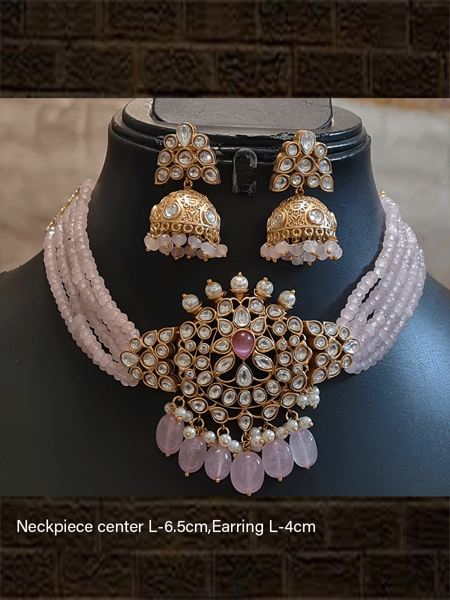 Five coloured side string kundan center piece set with string coloured stone in neckpiece - Odara Jewellery