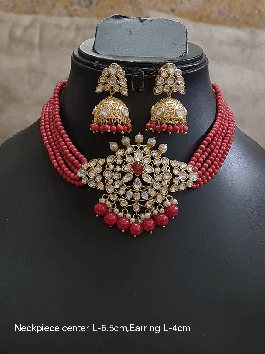 Five coloured side string kundan center piece set with string coloured stone in neckpiece - Odara Jewellery