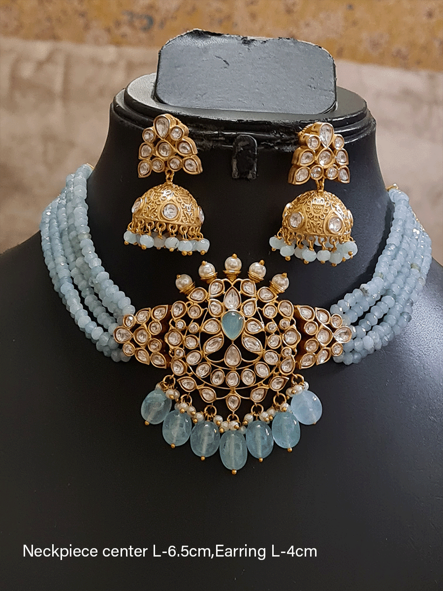 Five coloured side string kundan center piece set with string coloured stone in neckpiece - Odara Jewellery