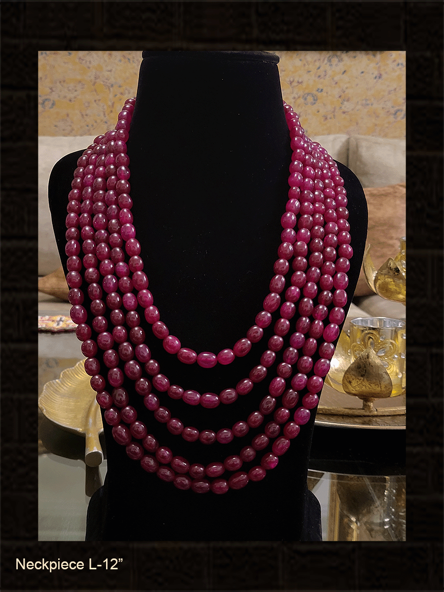 Five strings 12" long neckpiece(shell pearls and ruby,green natural glass beads)