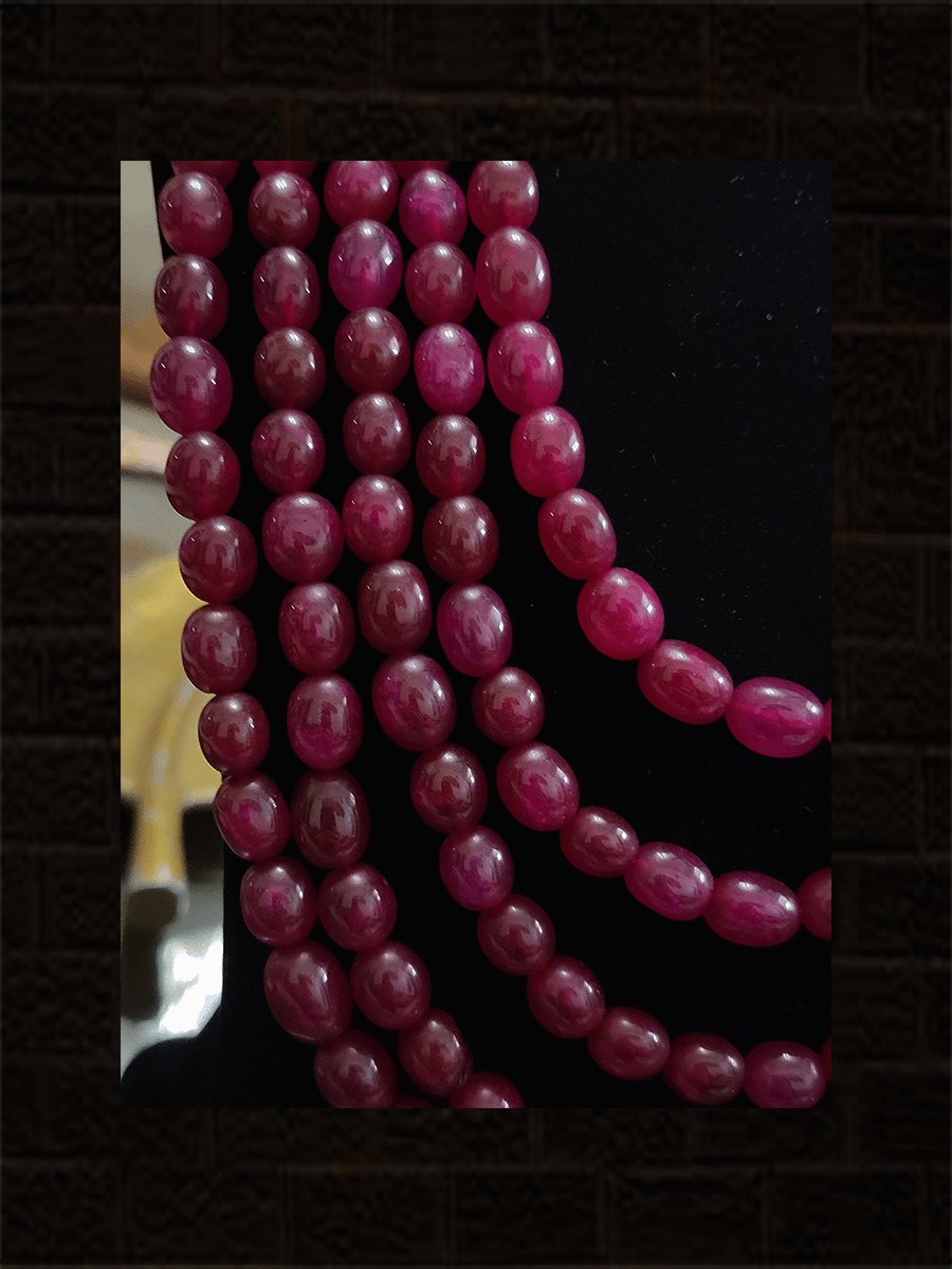 Five strings 12" long neckpiece(shell pearls and ruby,green natural glass beads)