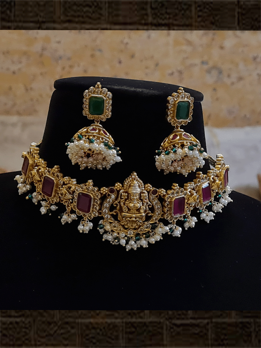 Rectangular ruby stones white stones laxmiji motif center set - Odara Jewellery