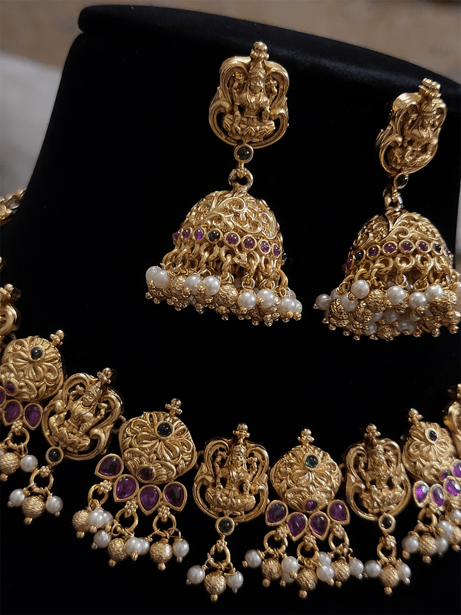 Laxmiji motif tukdies studded with ruby, green stones set - Odara Jewellery