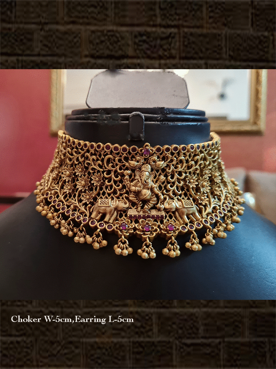 Elephants and peacocks on both sides of ganpati ji choker set with ruby stones - Odara Jewellery