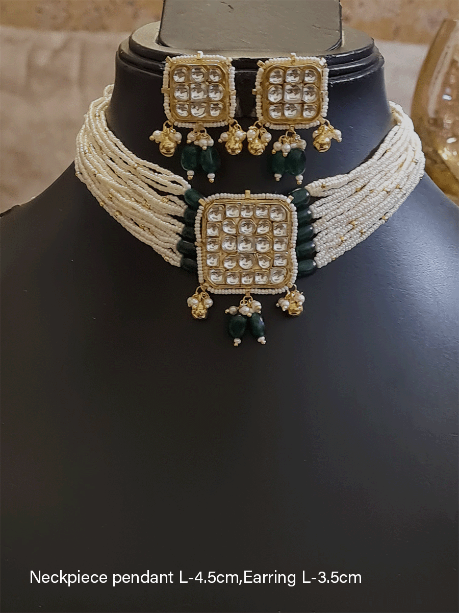 Pacchi Kundan square tukdi center neckpiece with coloured drops - Odara Jewellery