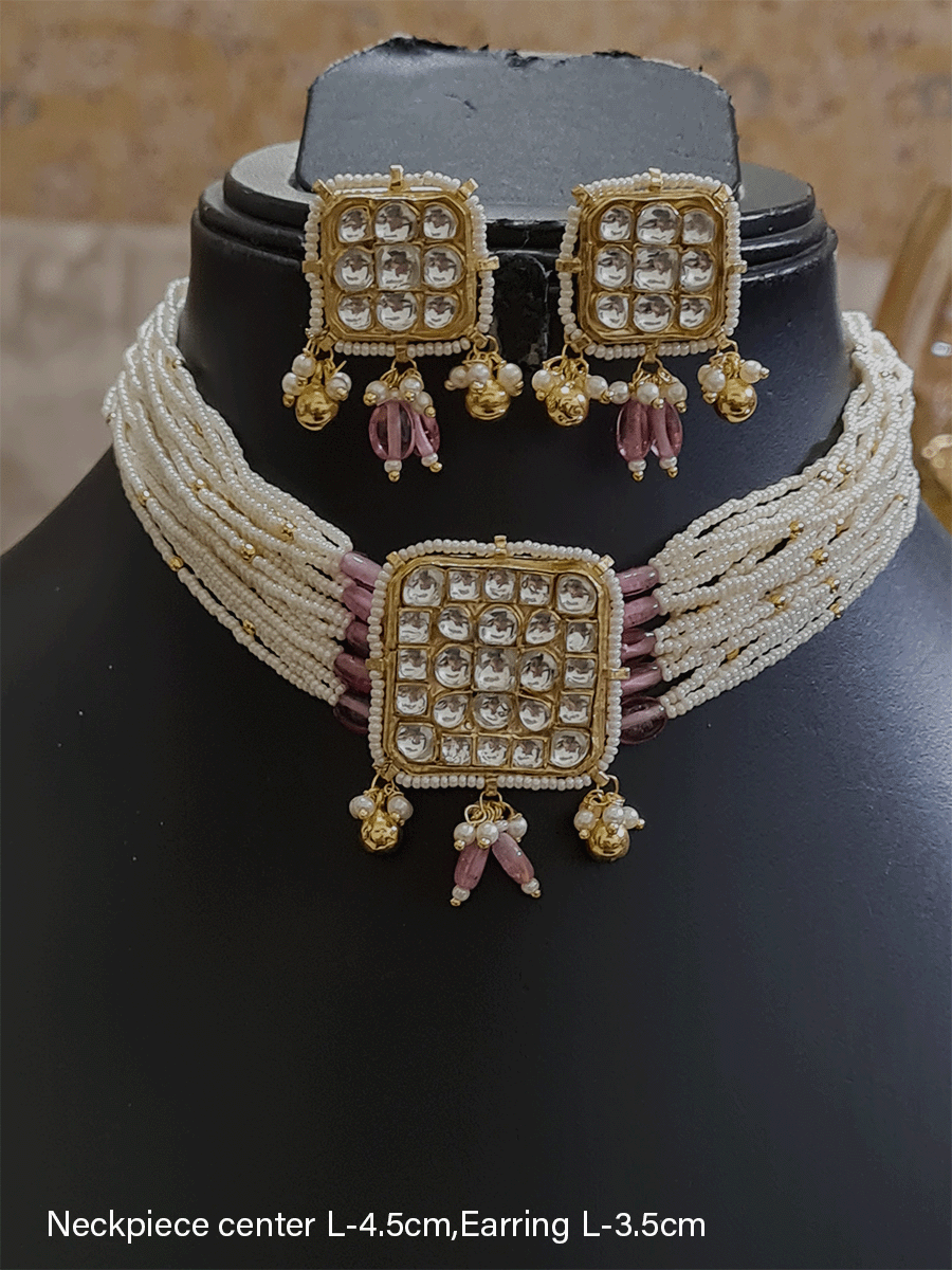 Pacchi Kundan square tukdi center neckpiece with coloured drops - Odara Jewellery