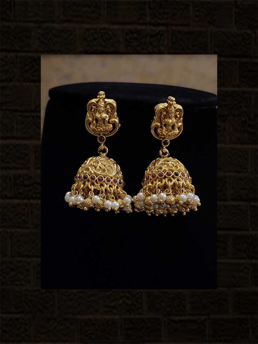 Laxmiji motif's ruby and green stone studded long set with gold plating - Odara Jewellery