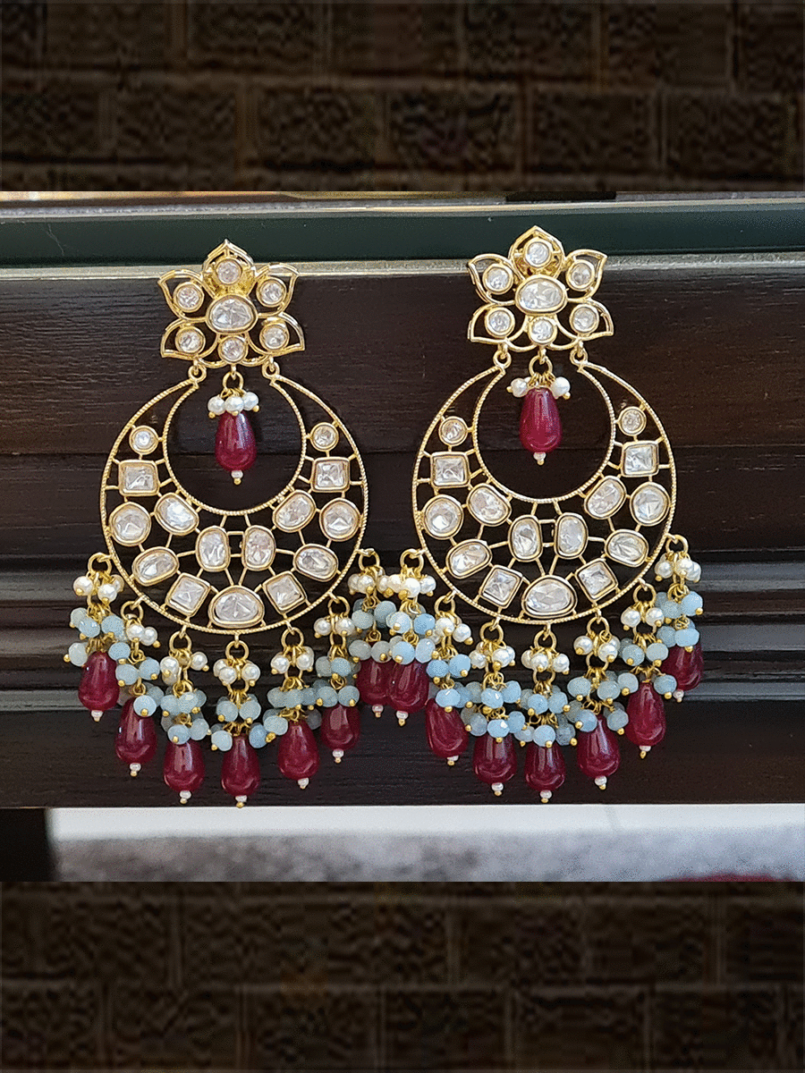 Kundan long earring with sky-blue and ruby drop tassels - Odara Jewellery