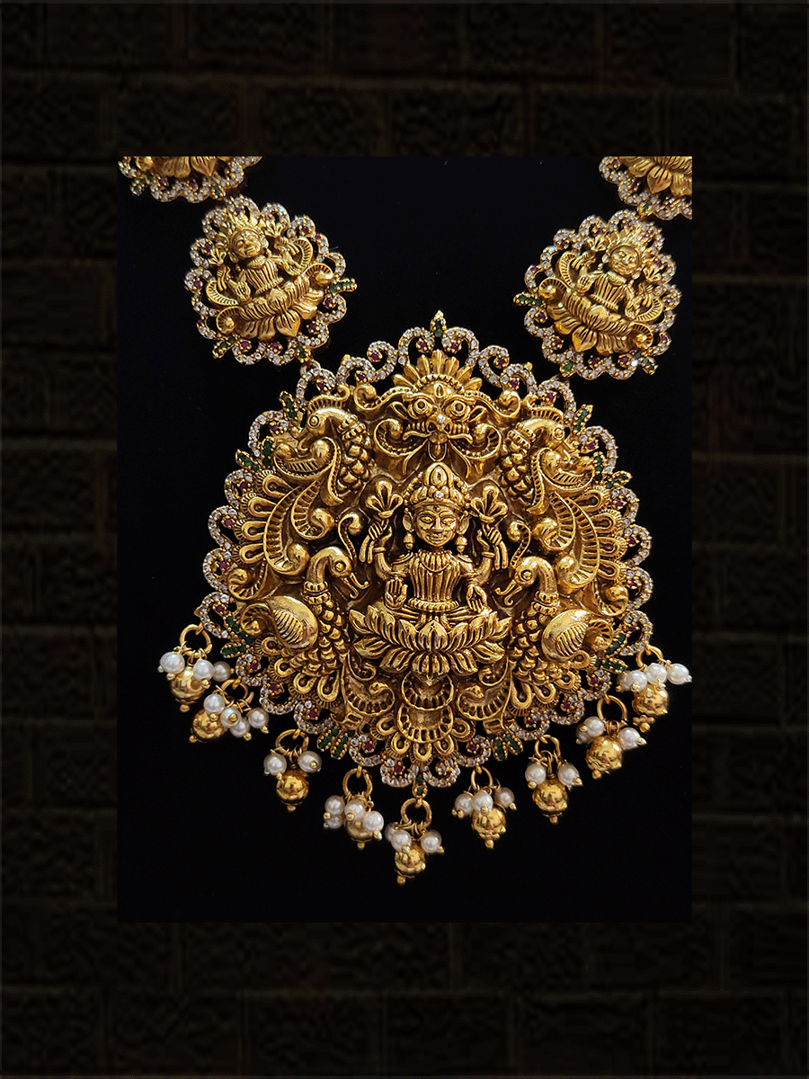 Laxmiji pendant surronded with zircons in laxmiji connected side string with zircons long set - Odara Jewellery