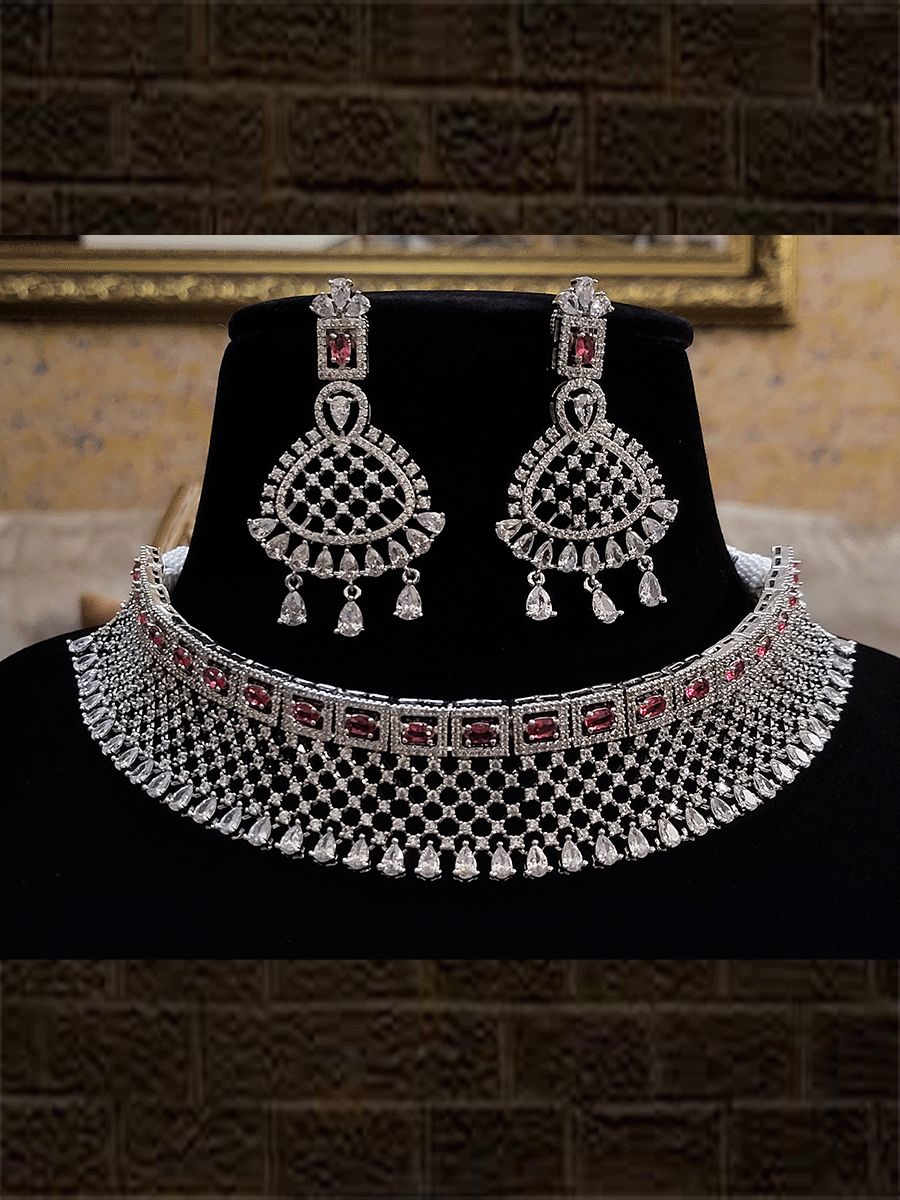 Mesh design silver finish AD set with ruby stones design on top edge - Odara Jewellery