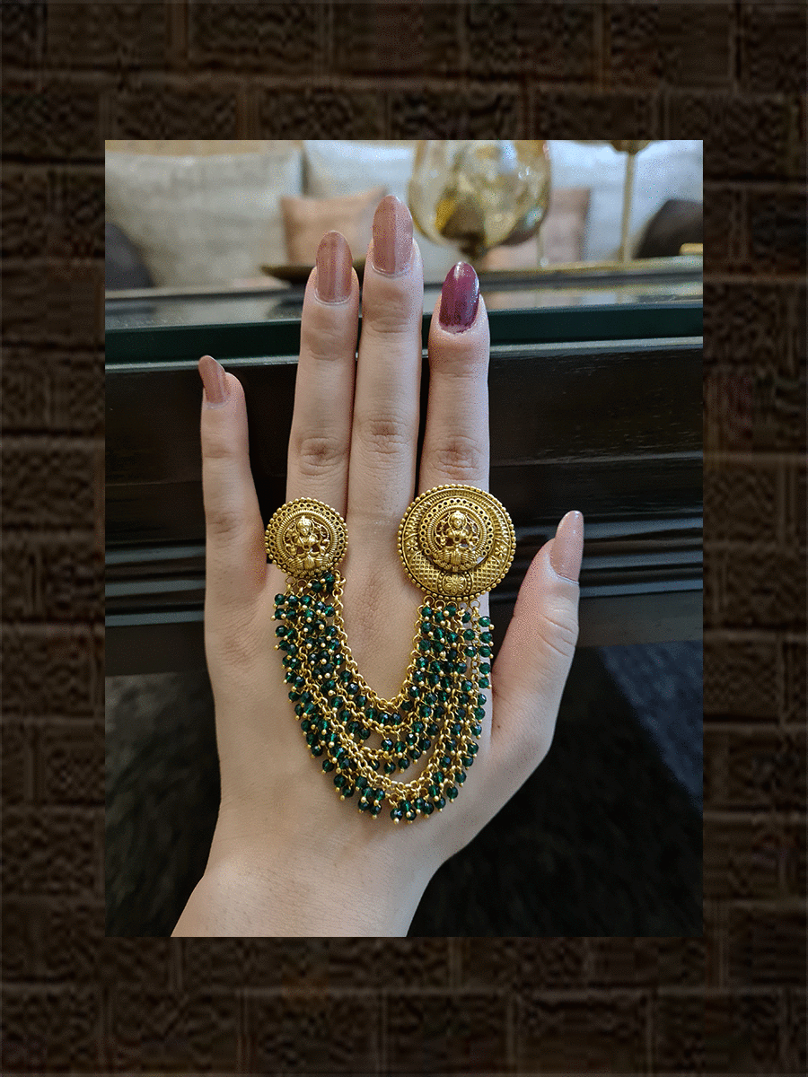 Laxmiji top double finger ring with five chains attached with beaded hangings - Odara Jewellery